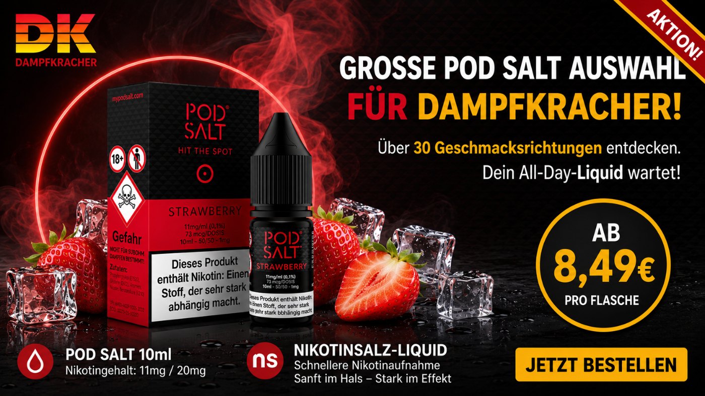 Grosse Pod Salt Auswahl für Dampfkracher, über 30 Geschmacksrichtungen ab 8,49 Euro pro Flasche